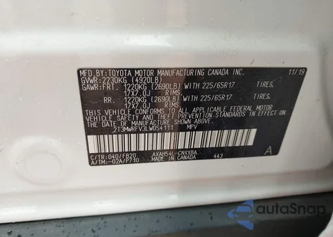 2020 Toyota Rav4 Hybrid Le из США, поврежденный, VIN 2T3MWRFV3LW054111